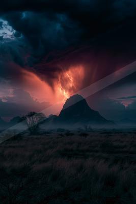 A moody landscape of mountains, clouds, storm.