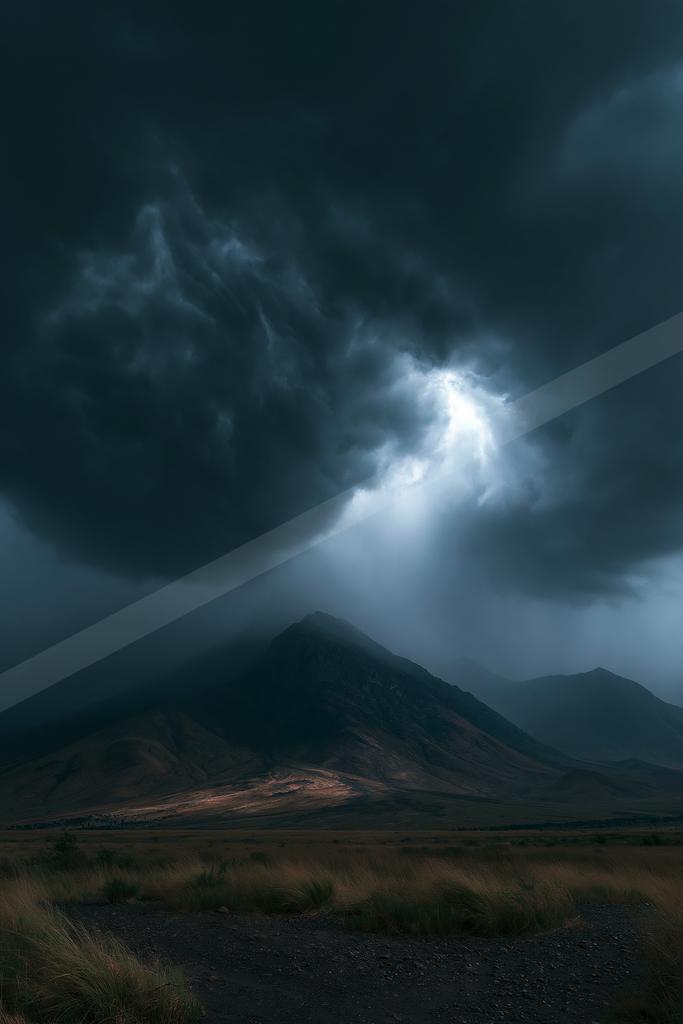 Moody landscape with massive dark storm clouds, visible sunbeams breaking through, and a rugged mountain range in the distance under a dramatic sky.