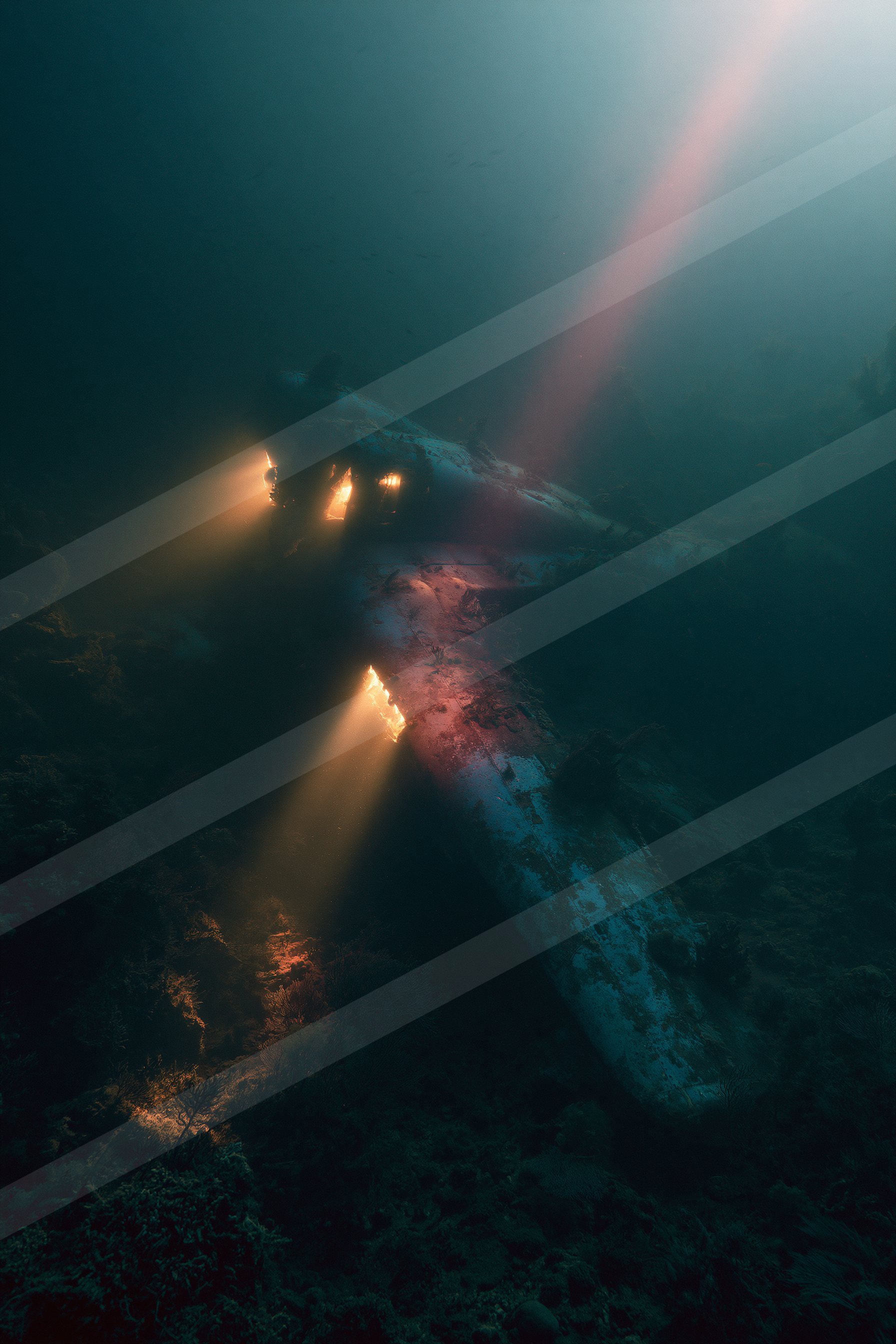 A mysterious long exposure water scene of an underwater, shadows.