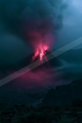 A powerful volcanic eruption at night, with bright red lava flowing down the slopes and a massive plume of smoke illuminated in pink and purple hues against a d