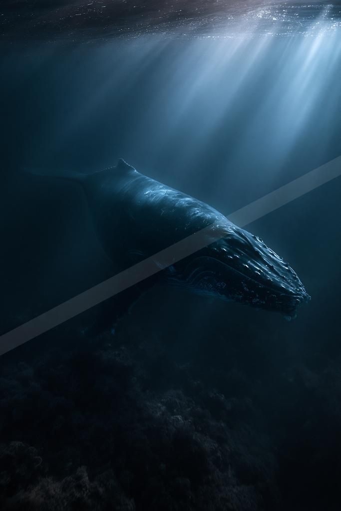 A large humpback whale glides through dark blue water as dramatic sunbeams pierce the ocean surface from above.