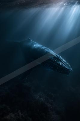 A large humpback whale glides through dark blue water as dramatic sunbeams pierce the ocean surface from above.