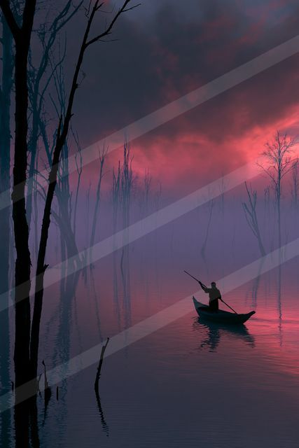 A dramatic negative space water scene of a lake, fog.