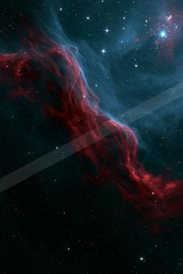 A stunning view of a nebula with swirling red and blue clouds against a backdrop of countless stars.