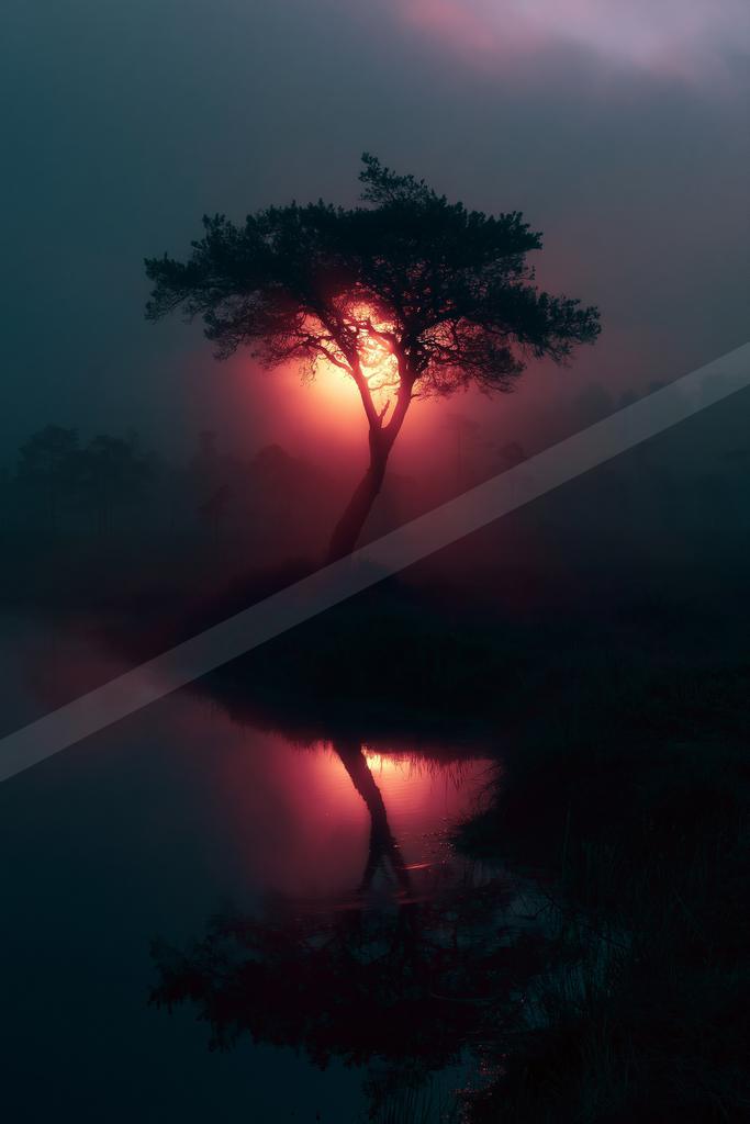 A lone tree silhouetted against a glowing red sunrise, standing on a small island in a calm lake with its reflection visible in the water, surrounded by thick f
