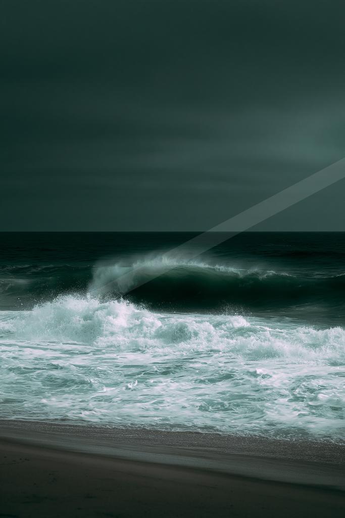 A powerful ocean wave crashes with white foam onto a dark sandy beach under a moody, overcast sky.