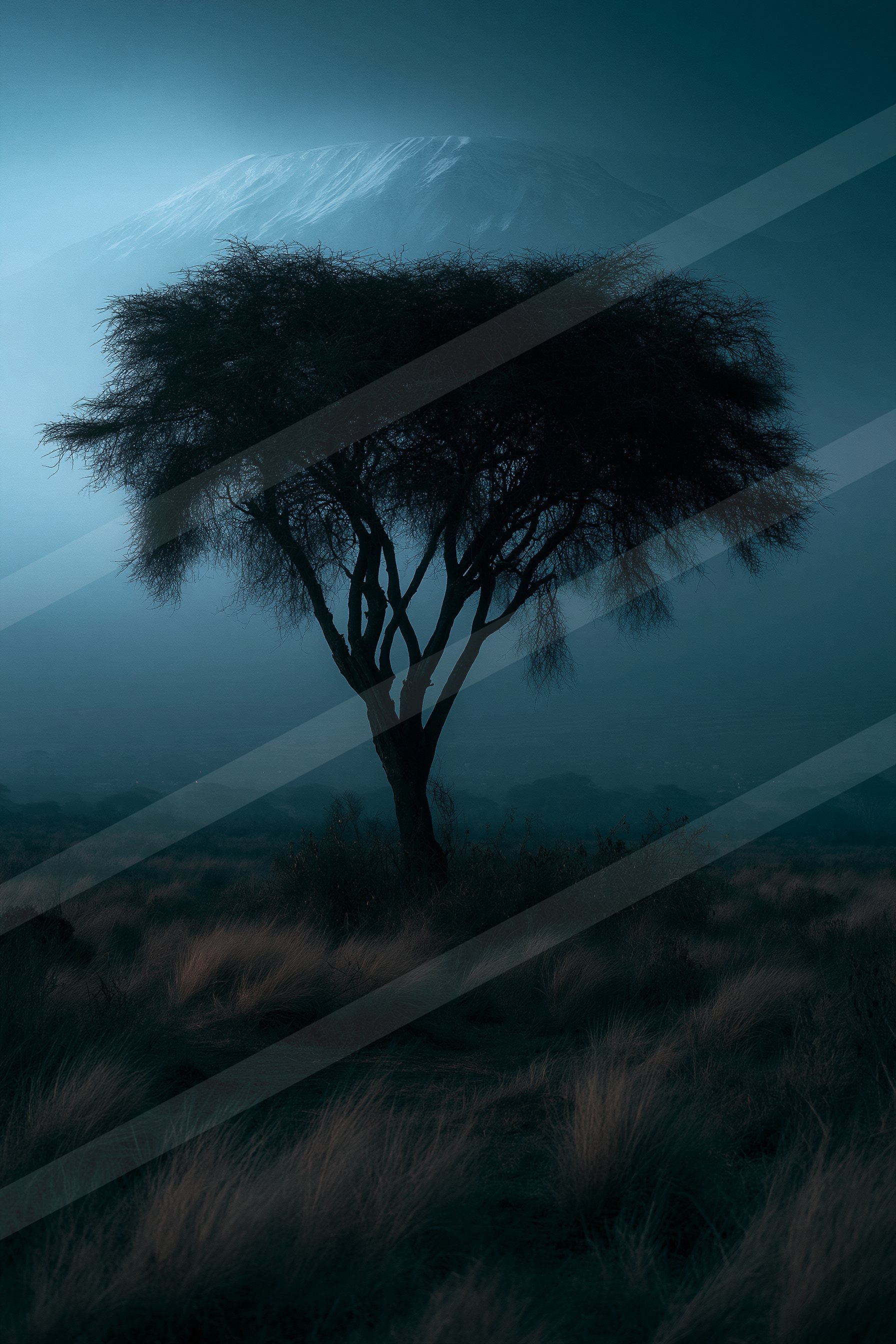 A lone tree stands prominently in the foreground of a misty landscape, silhouetted against a distant snow-capped mountain.