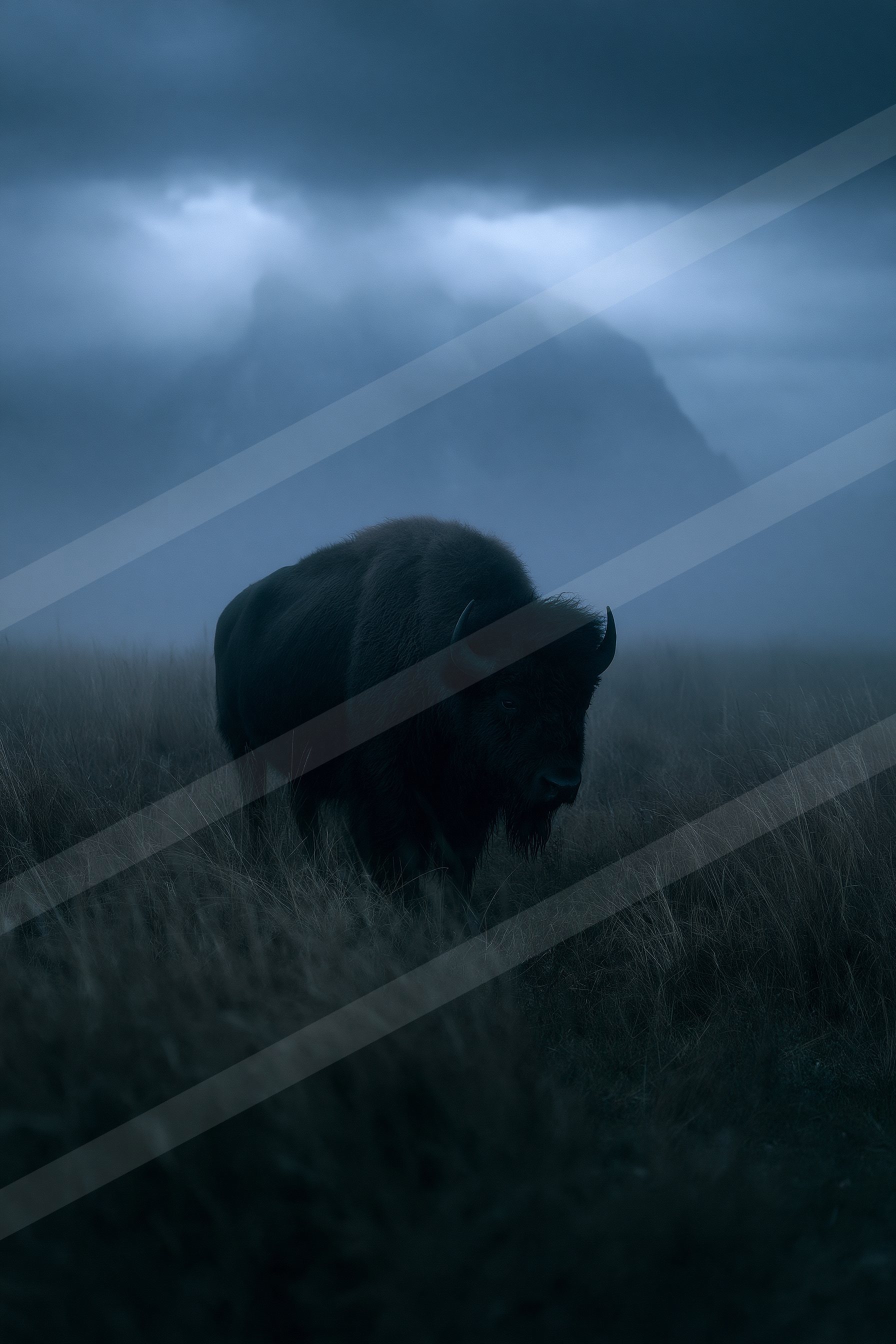 A bison stands silhouetted against a moody, stormy sky and foggy mountains.