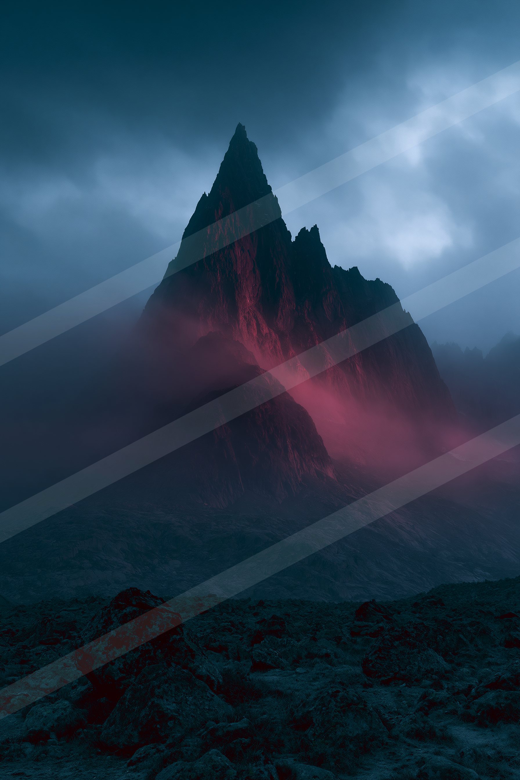 A towering mountain peak shrouded in mist and illuminated by a mysterious red glow against a dark, cloudy sky.