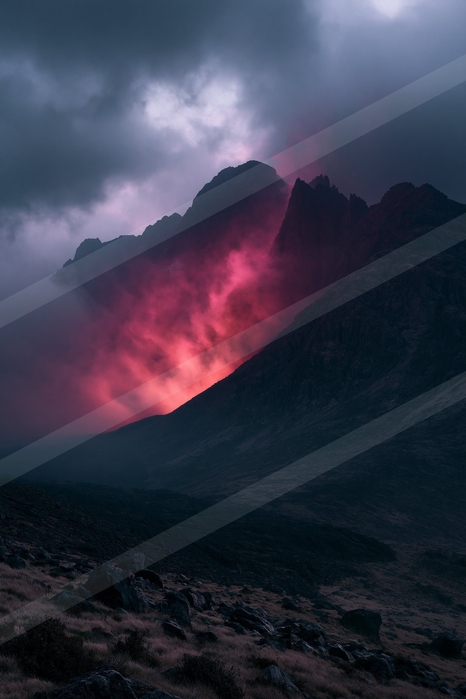A dramatic high contrast landscape of a volcano, dust.