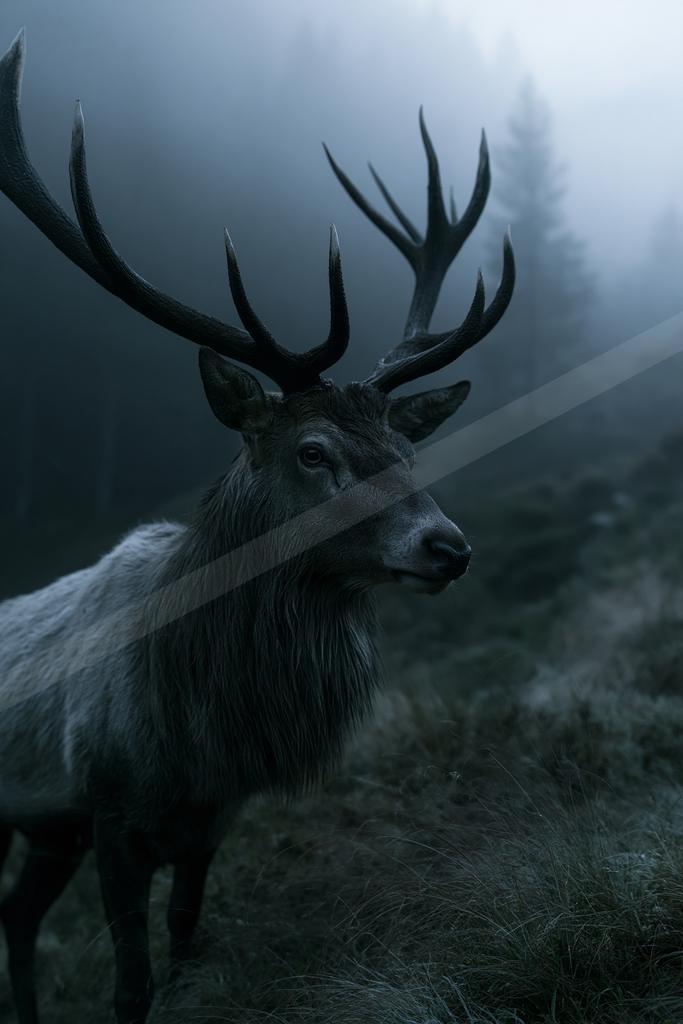 A large male elk with impressive antlers stands in profile in a misty, foggy forest, surrounded by tall grass and silhouetted trees in the background.