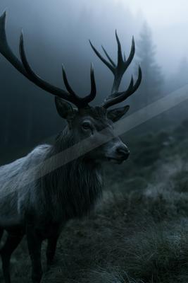 A large male elk with impressive antlers stands in profile in a misty, foggy forest, surrounded by tall grass and silhouetted trees in the background.