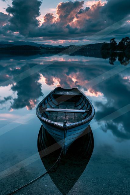 A serene symmetry still life of a boat, reflection.