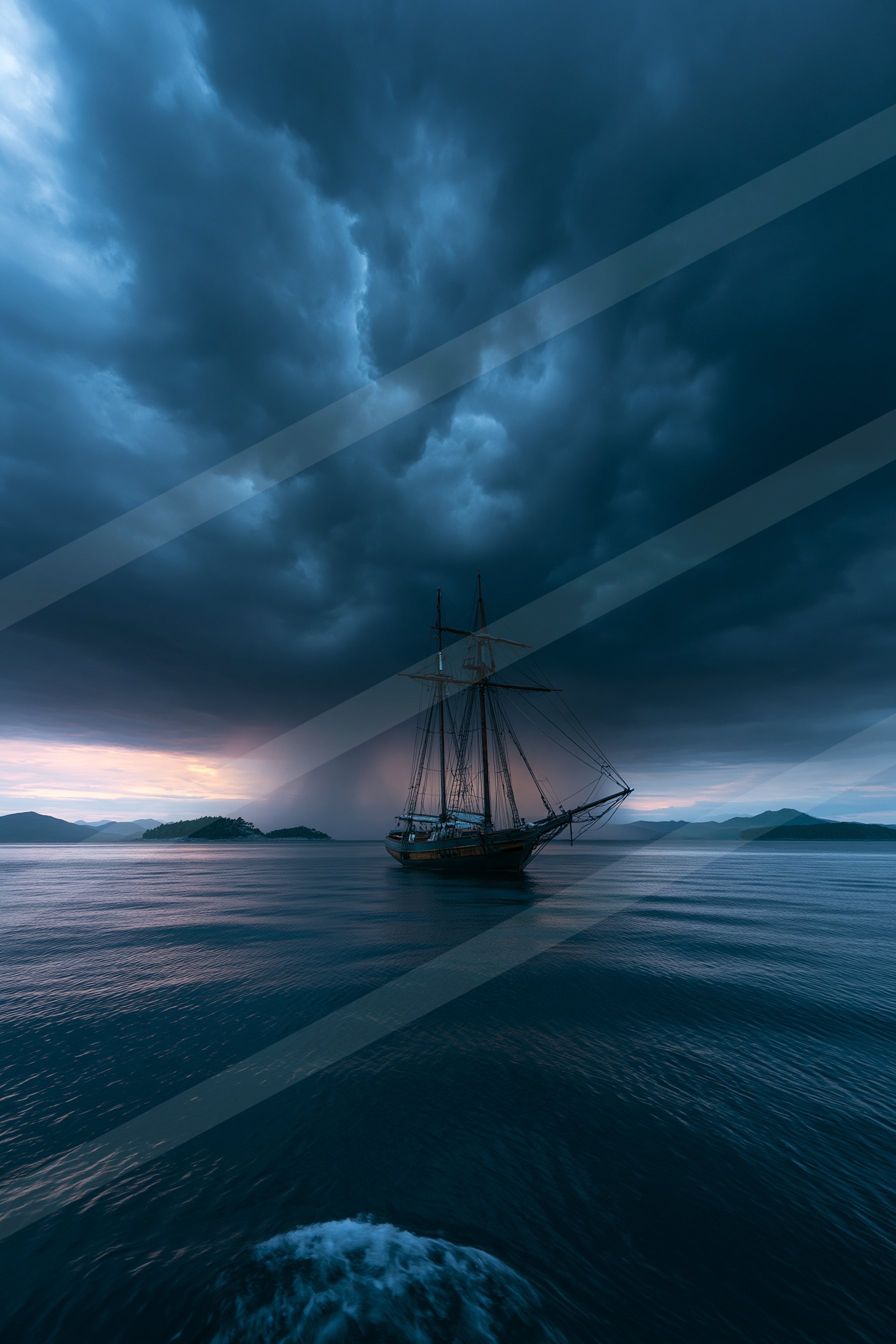 A lone sailboat floats on calm waters under a moody, storm-laden sky.