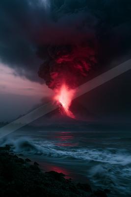 A powerful volcanic eruption with bright red lava and a massive plume of dark smoke rising into the twilight sky, reflecting on the ocean waves in the foregroun