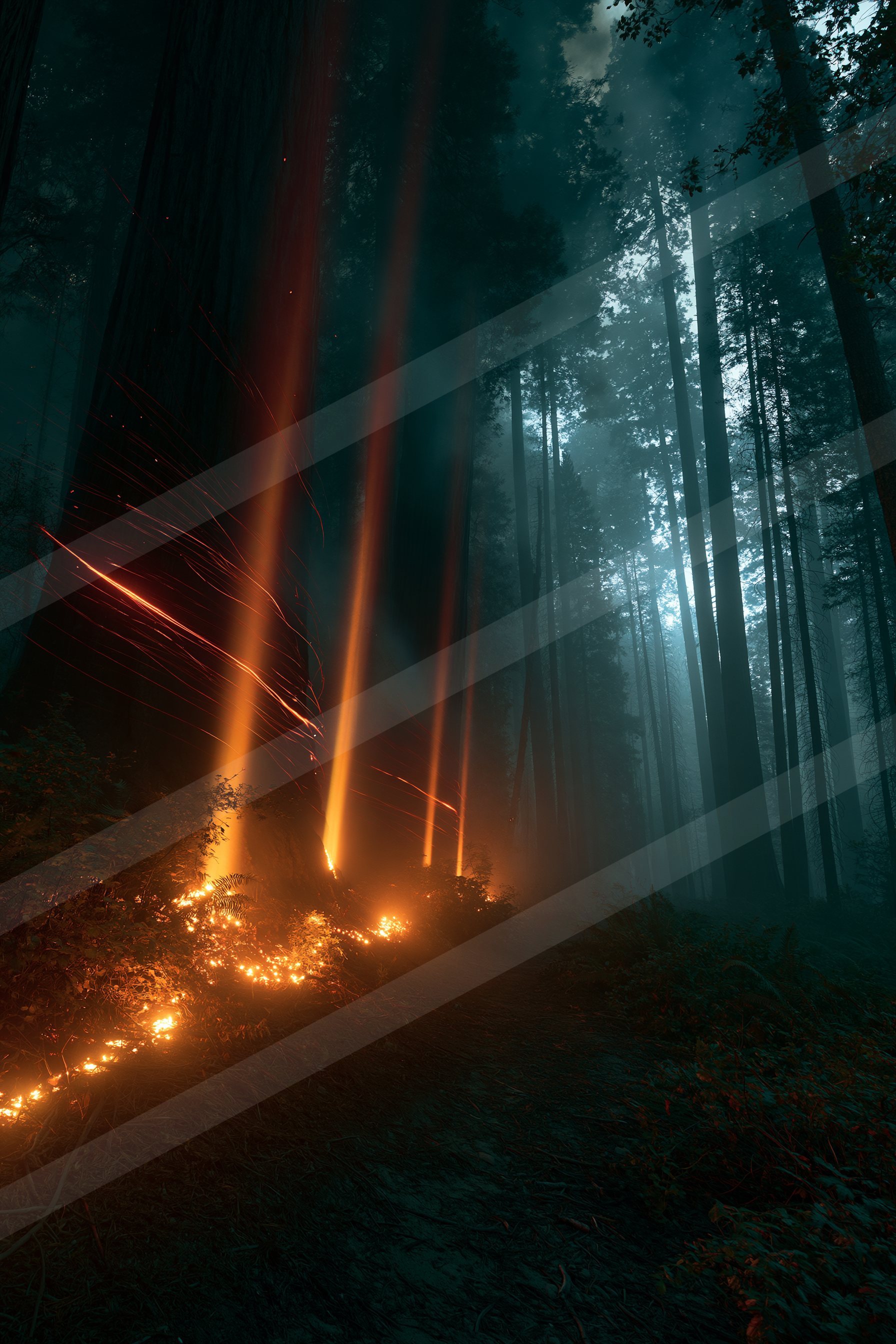 An ethereal long exposure sky scene of a sunbeams, fire.