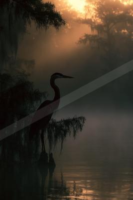 A serene wildlife photo of bird, fog.