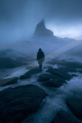 A night sky scene of storm, fog.