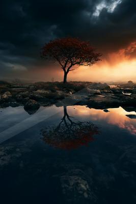A serene water scene of lake, trees.