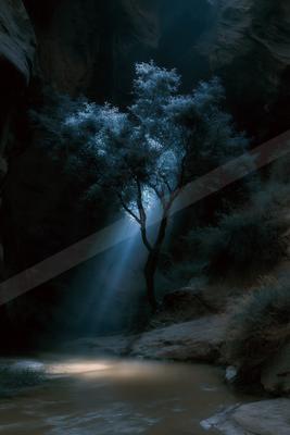 A night water scene of river, trees, waterfall.