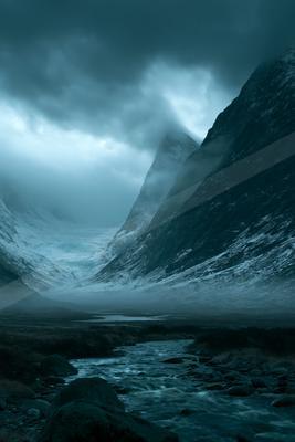A mysterious landscape of a glacier, fog.