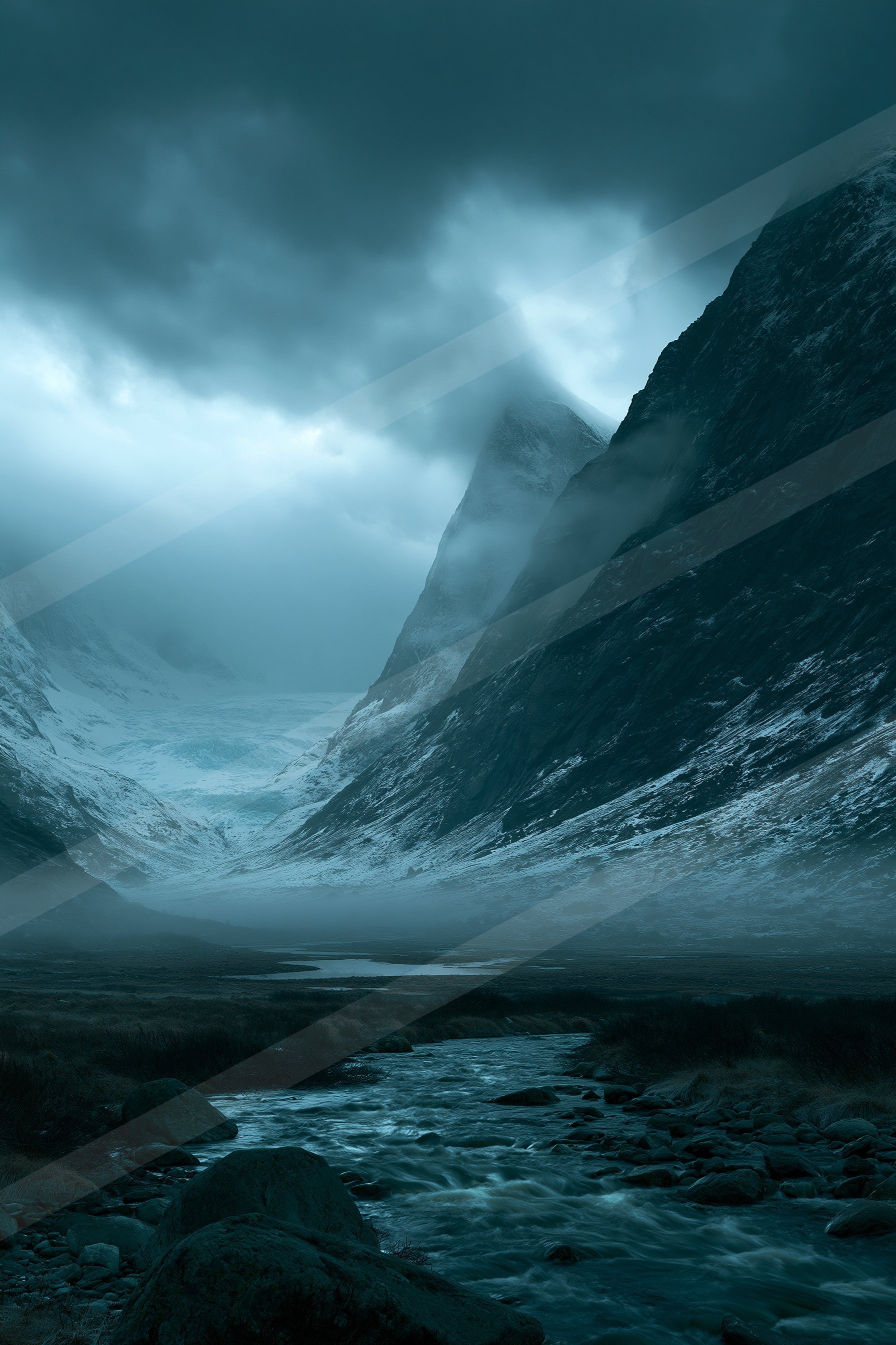 A mysterious landscape of a glacier, fog.