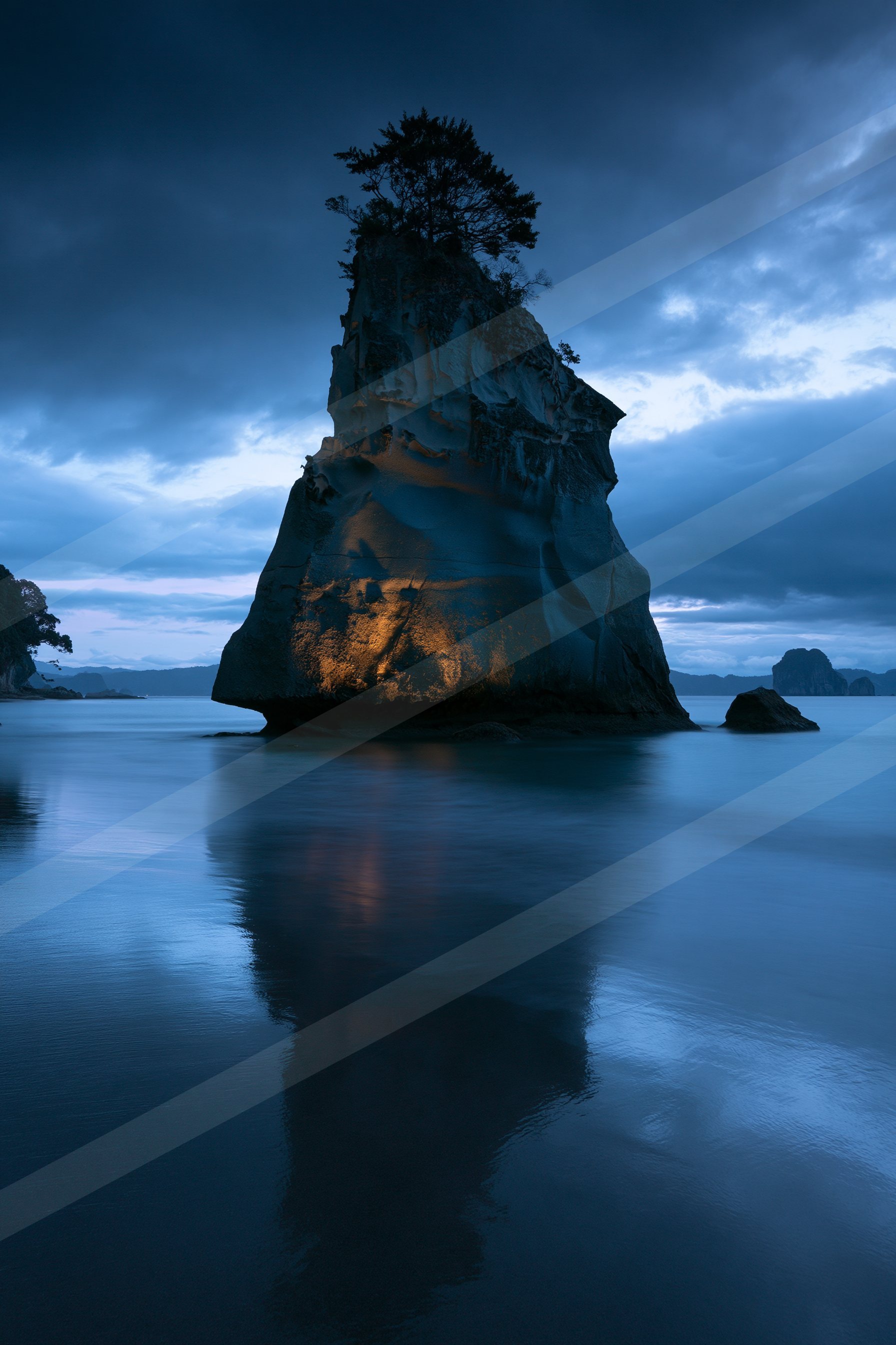 A blue hour long exposure landscape of a volcano, reflection.