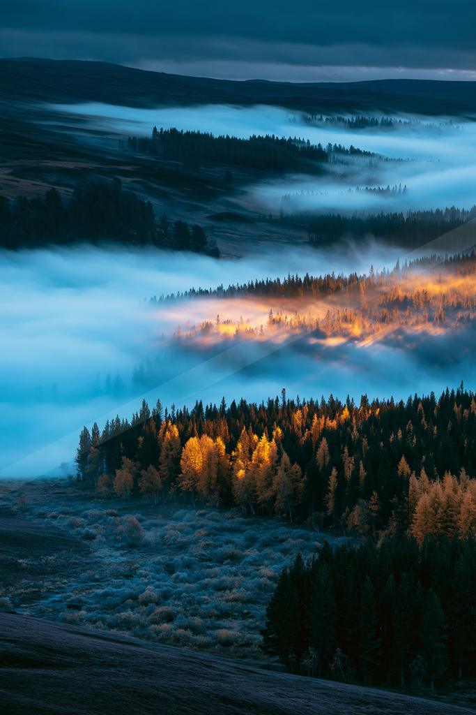 A green-toned moody photograph of lakeside, valley, geyser.