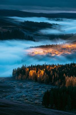 A green-toned moody photograph of lakeside, valley, geyser.