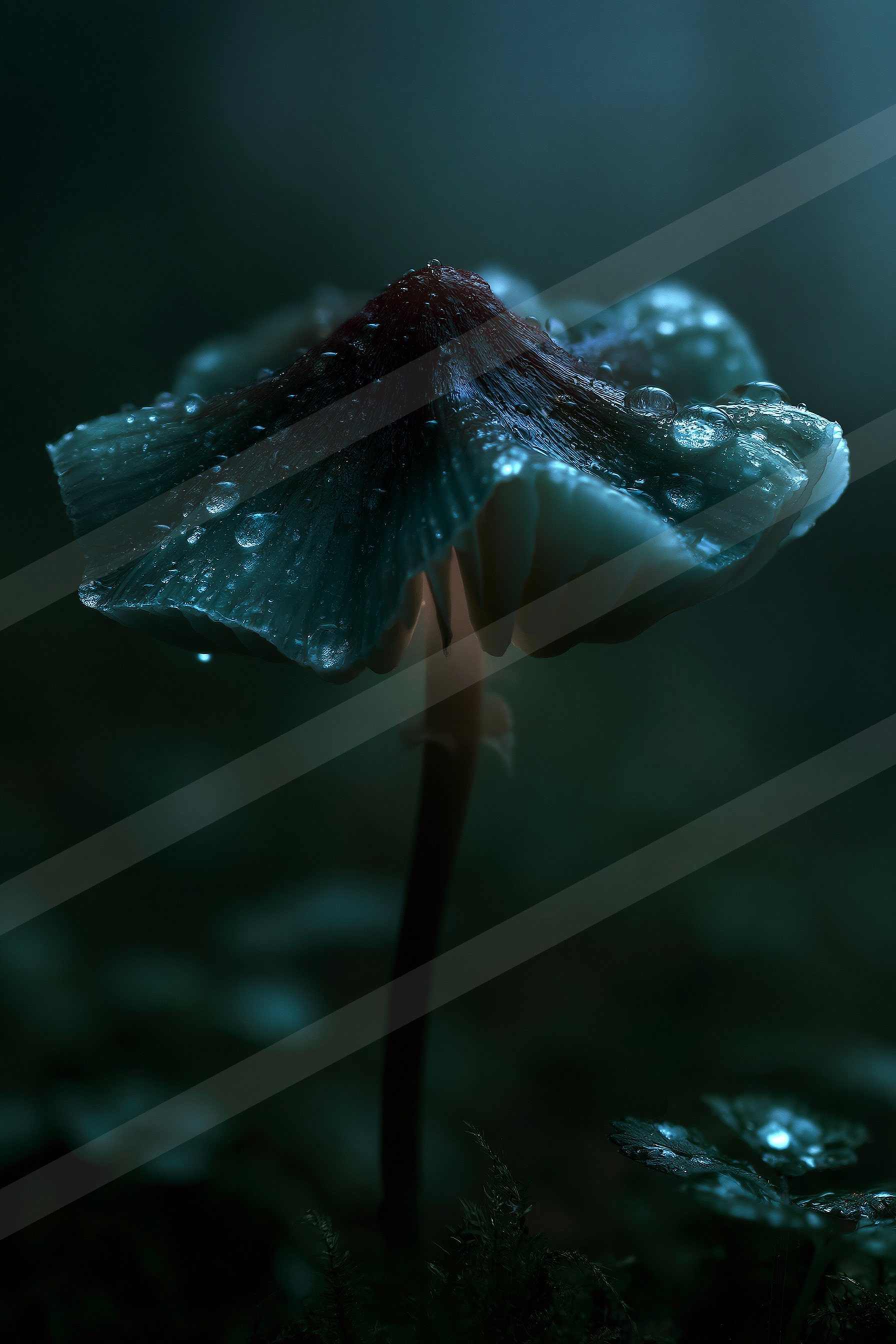 A close-up of a moss-covered mushroom adorned with dewdrops, set against a dark forest backdrop.