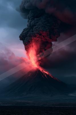 A powerful volcanic eruption at dusk, with bright red molten lava shooting upwards from the crater and a massive dark ash plume billowing into the sky.