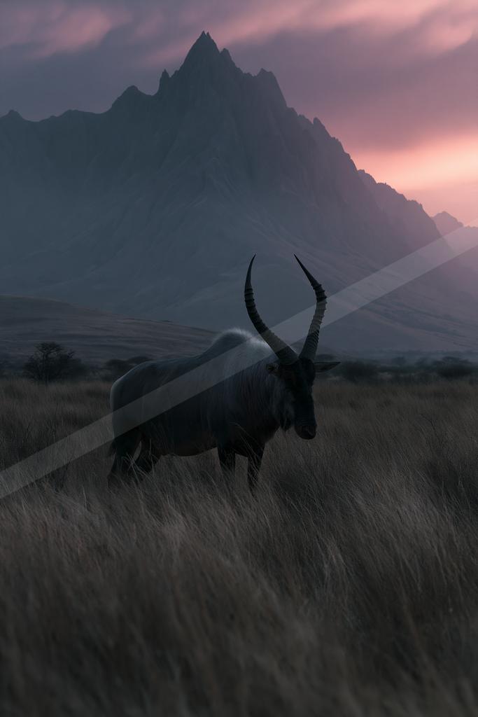 A large antelope with long curved horns stands in tall dry grass in the foreground, with a rugged mountain range under a pink and purple sky in the background.