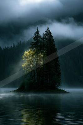 A small forested island with tall dark conifers and one brightly lit deciduous tree stands in a calm lake, surrounded by thick fog and dramatic light rays pierc