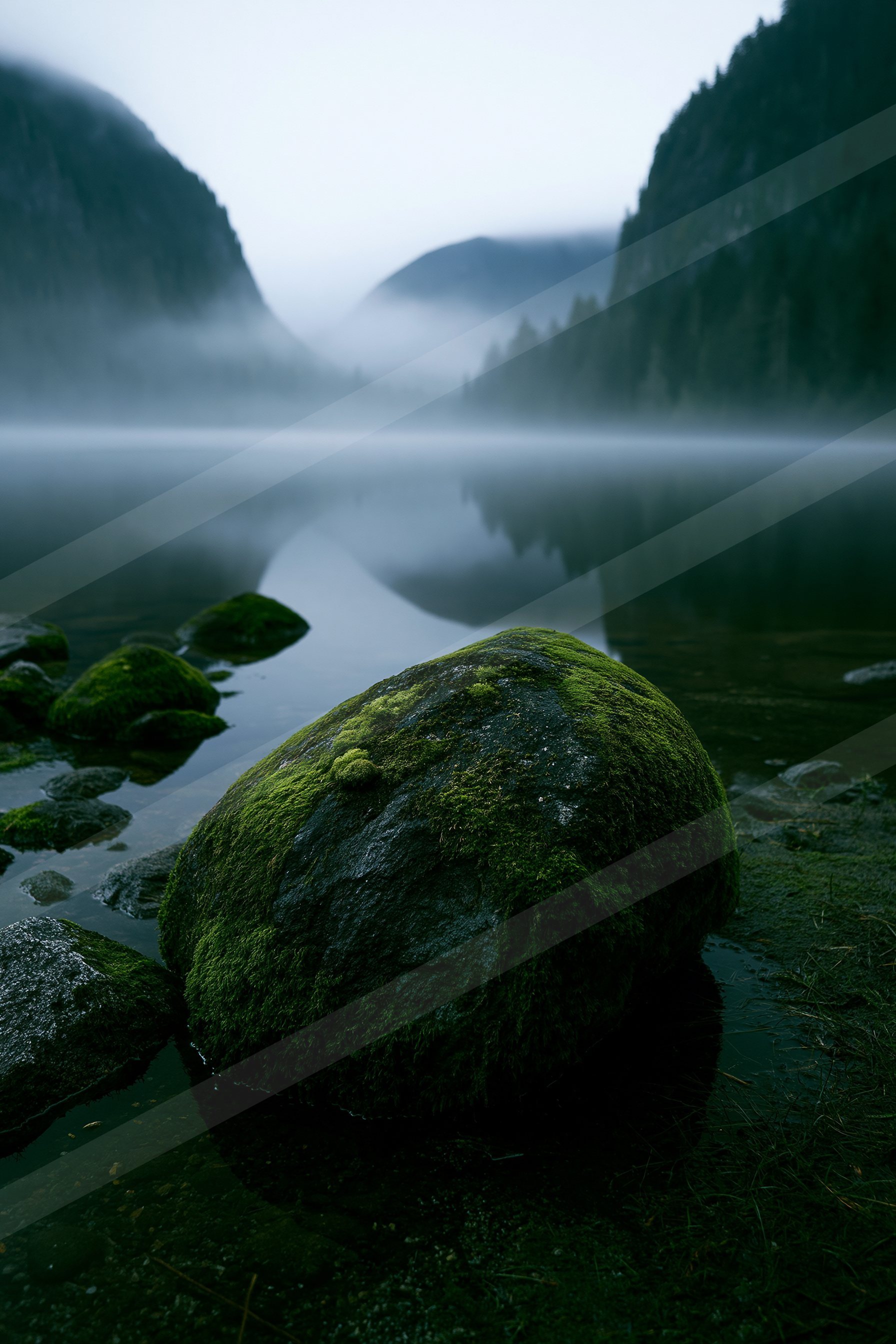 A serene lake scene featuring moss-covered rocks in the foreground, calm water reflecting distant mountains shrouded in mist.