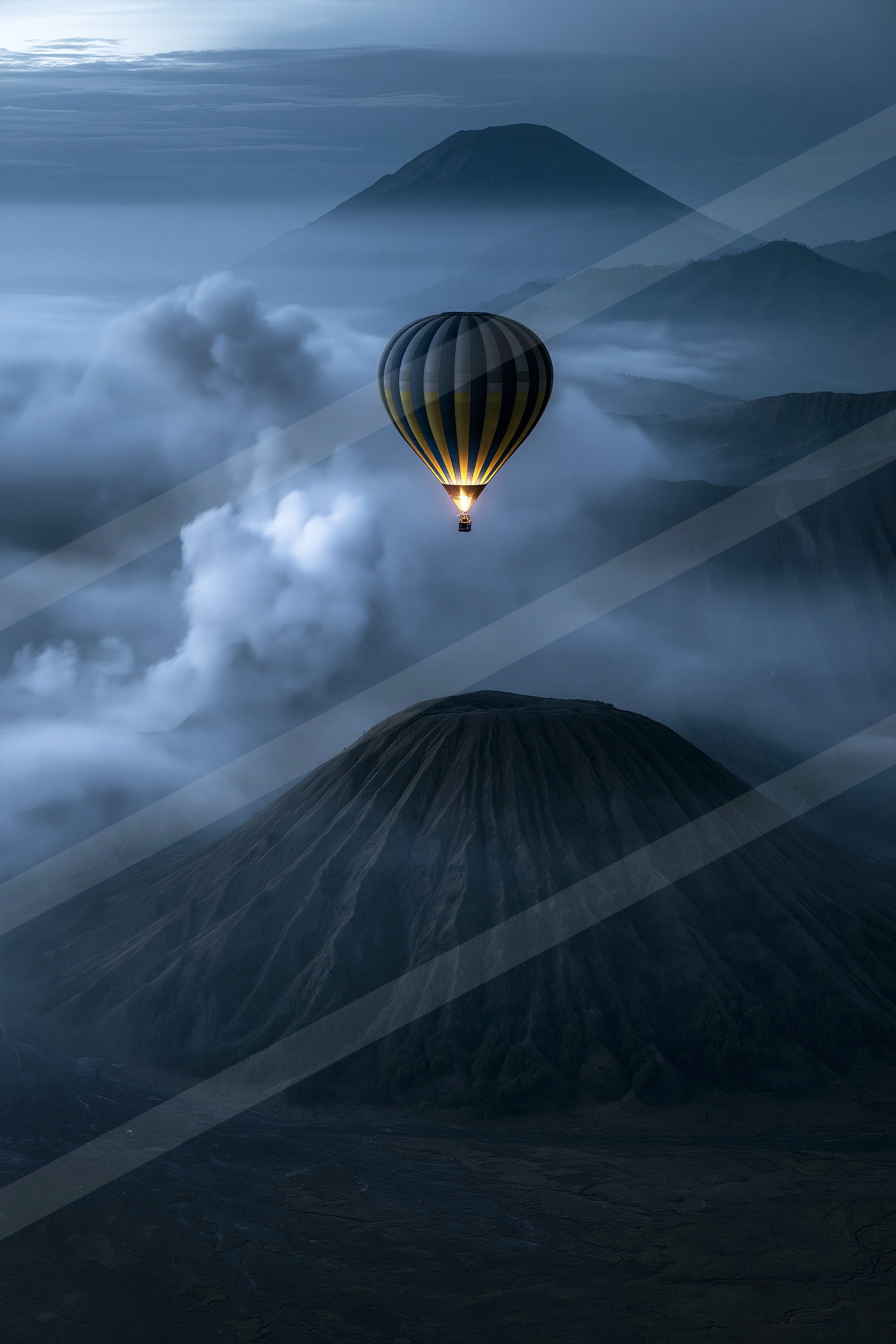 A mysterious high contrast landscape of a volcano, fog.