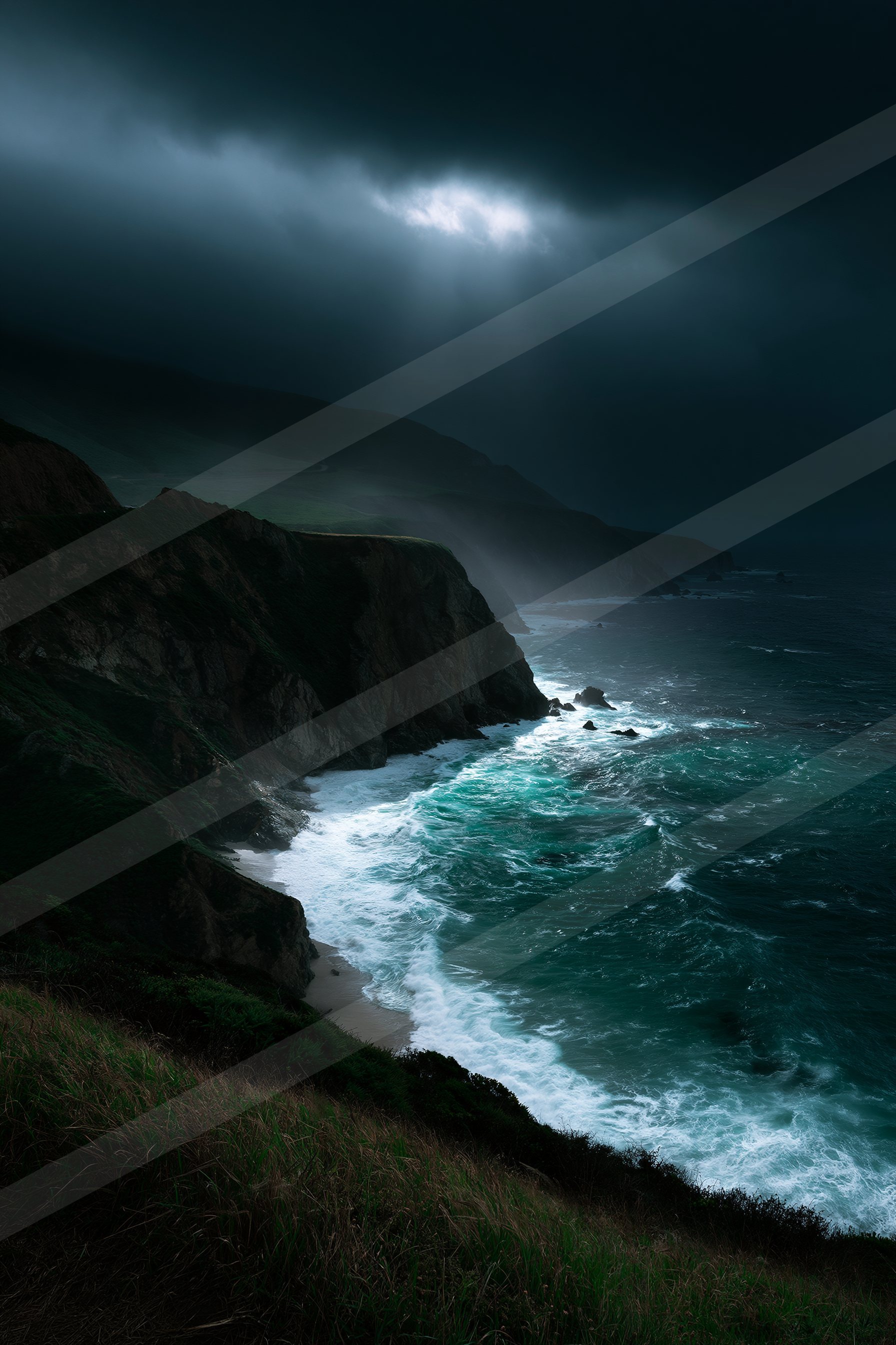 A night long exposure water scene of a coastline, fog.