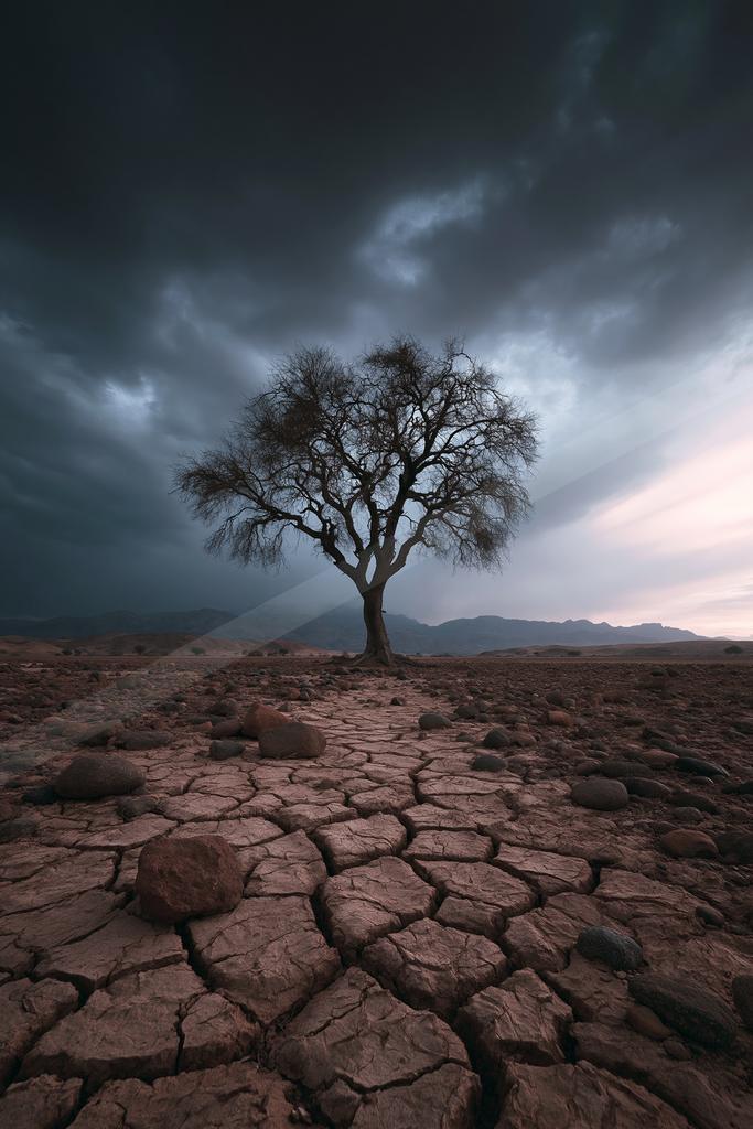 A moody nature scene of trees, desert, storm.