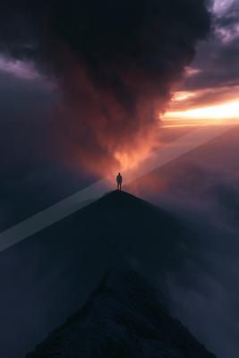 A dramatic sky scene of clouds, storm, sunrise.