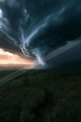 A swirling storm cloud formation dominates the sky over a serene landscape of rolling green hills and sparse trees, with golden sunset hues in the distance.