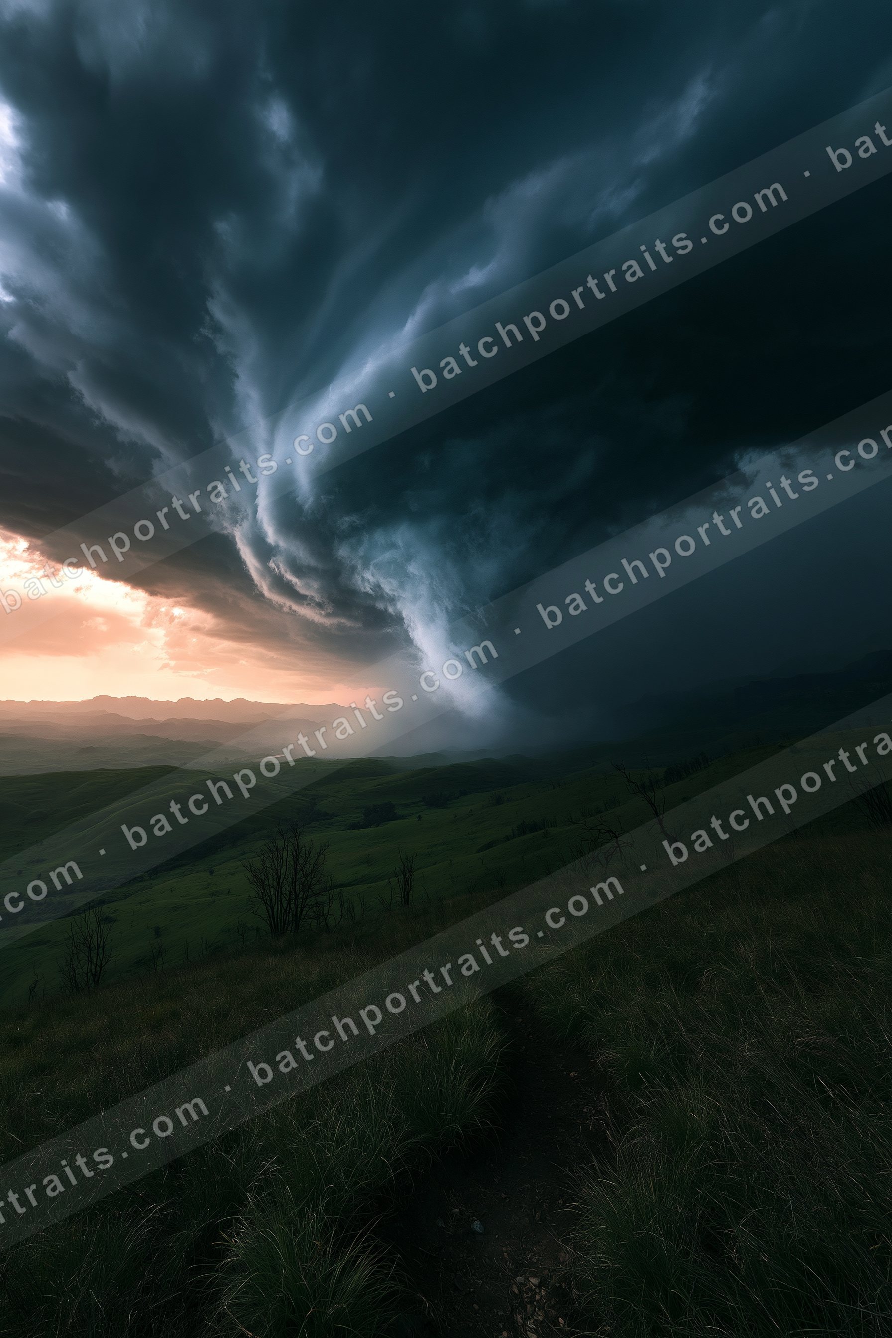 A swirling storm cloud formation dominates the sky over a serene landscape of rolling green hills and sparse trees, with golden sunset hues in the distance.
