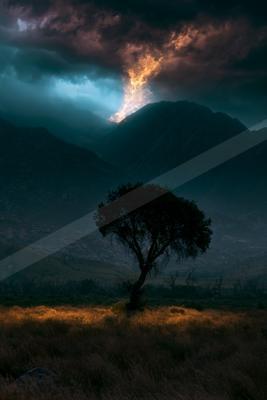 A dramatic sky scene of storm, trees.