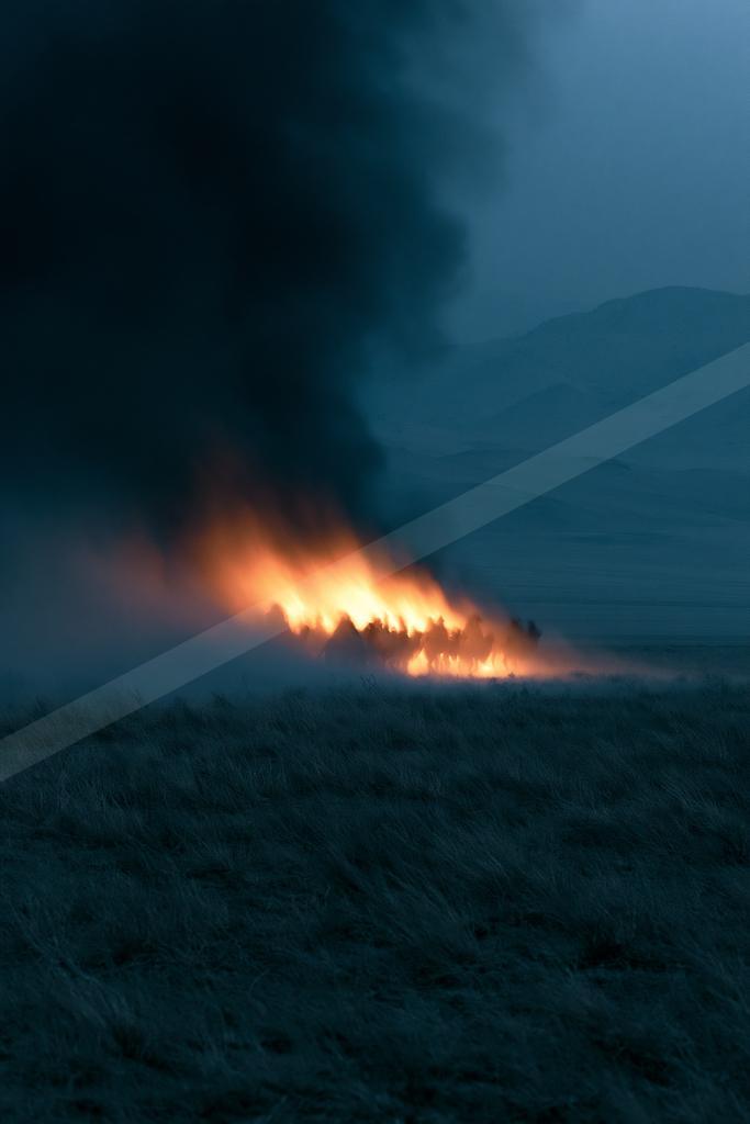 A wildfire burns intensely across a dry grassy plain at dusk, sending a massive plume of dark smoke into the blue sky with distant hills visible in the backgrou