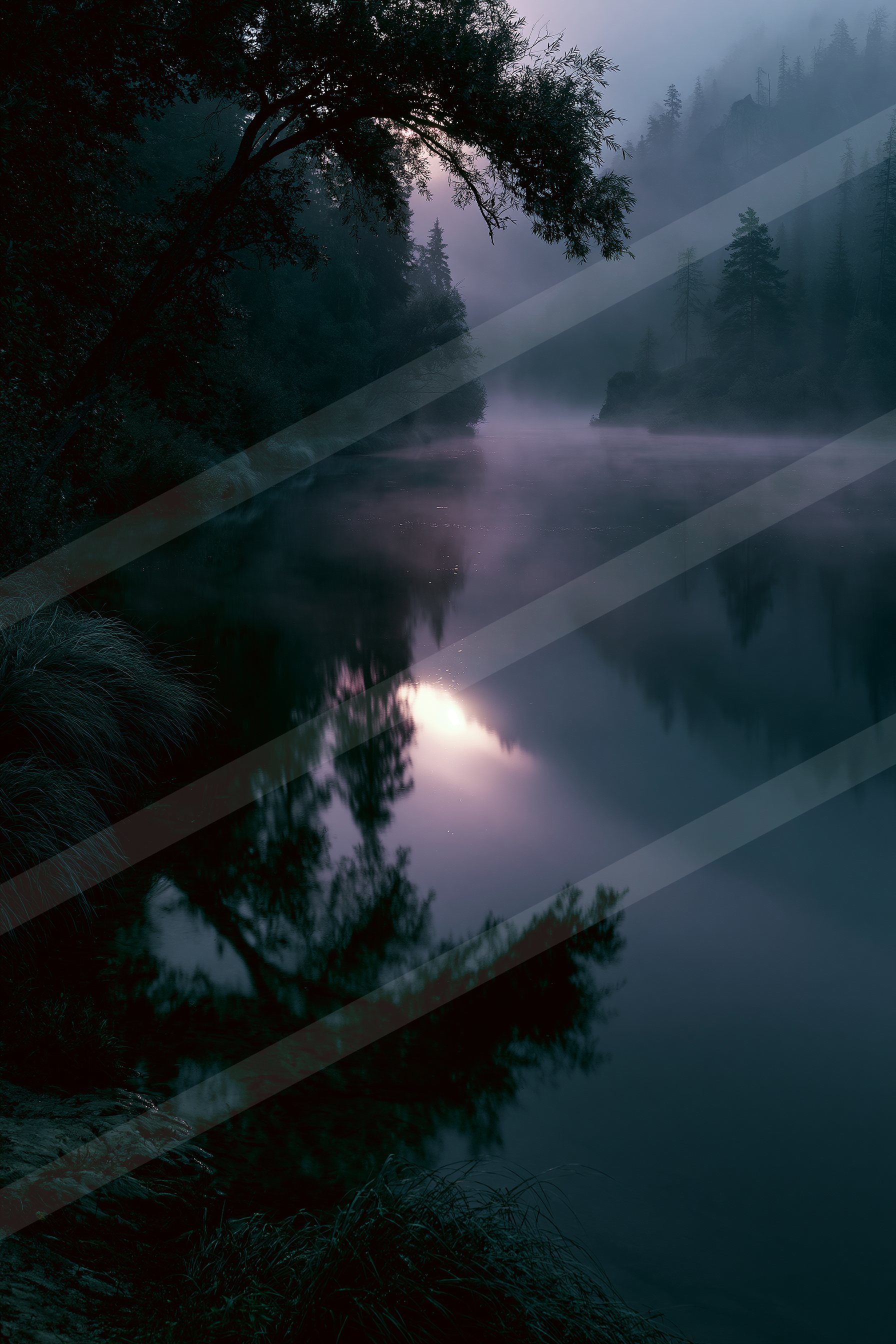 A night water scene of a lake, fog.