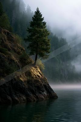 A solitary evergreen tree stands on a rocky, moss-covered cliff beside a calm lake, surrounded by thick fog and a dense forest in the background.