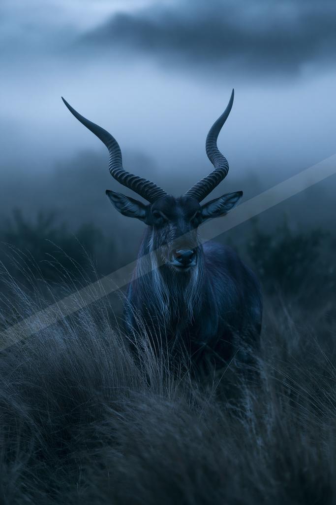 A black-toned moody photograph of hartebeest, impala, gazelle.