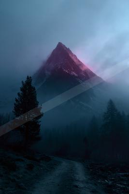 A tall rocky mountain peak rises through thick fog, illuminated with pink light on its upper slopes, with a dirt path leading through a dark coniferous forest i