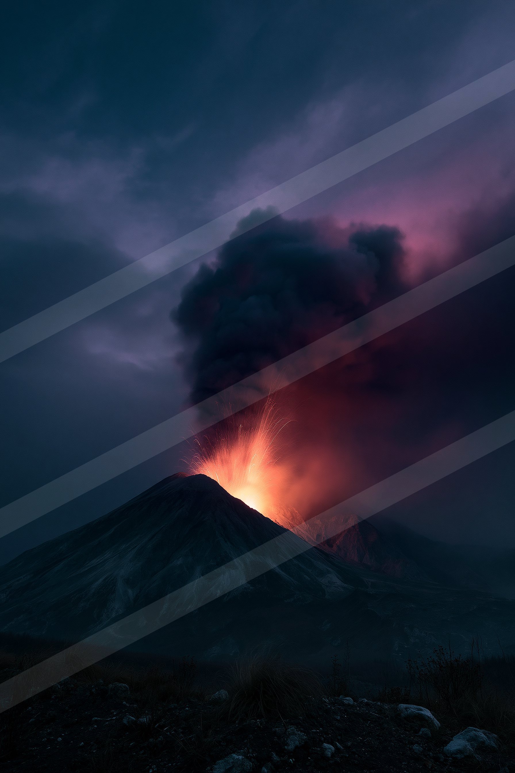A dramatic landscape of a volcano, fire.