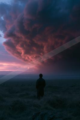 A solitary man stands with his back to the viewer in a vast grassy plain, gazing at a massive, turbulent storm cloud illuminated in deep pink and purple hues ag