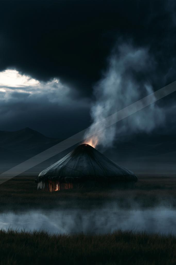 A traditional yurt with glowing doorway and chimney smoke rising into a dark stormy sky, set in a misty grassy plain with distant mountains at dusk.