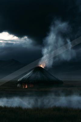A traditional yurt with glowing doorway and chimney smoke rising into a dark stormy sky, set in a misty grassy plain with distant mountains at dusk.